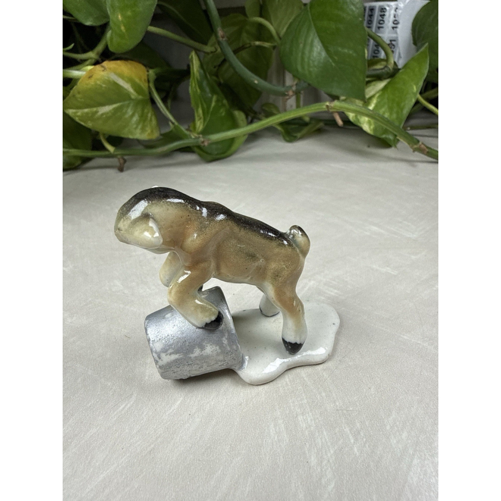 Miniature Ceramic Goat Kid Figurine Butting / Pushing Bucket Hagen-Renaker Style